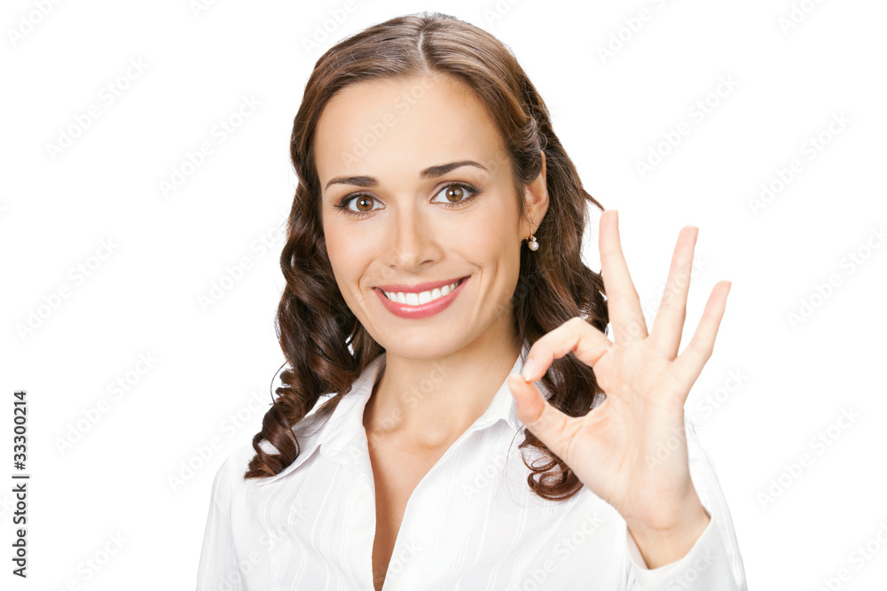Happy smiling business woman with okay gesture, isolated Happy smiling business woman with okay gesture, isolated