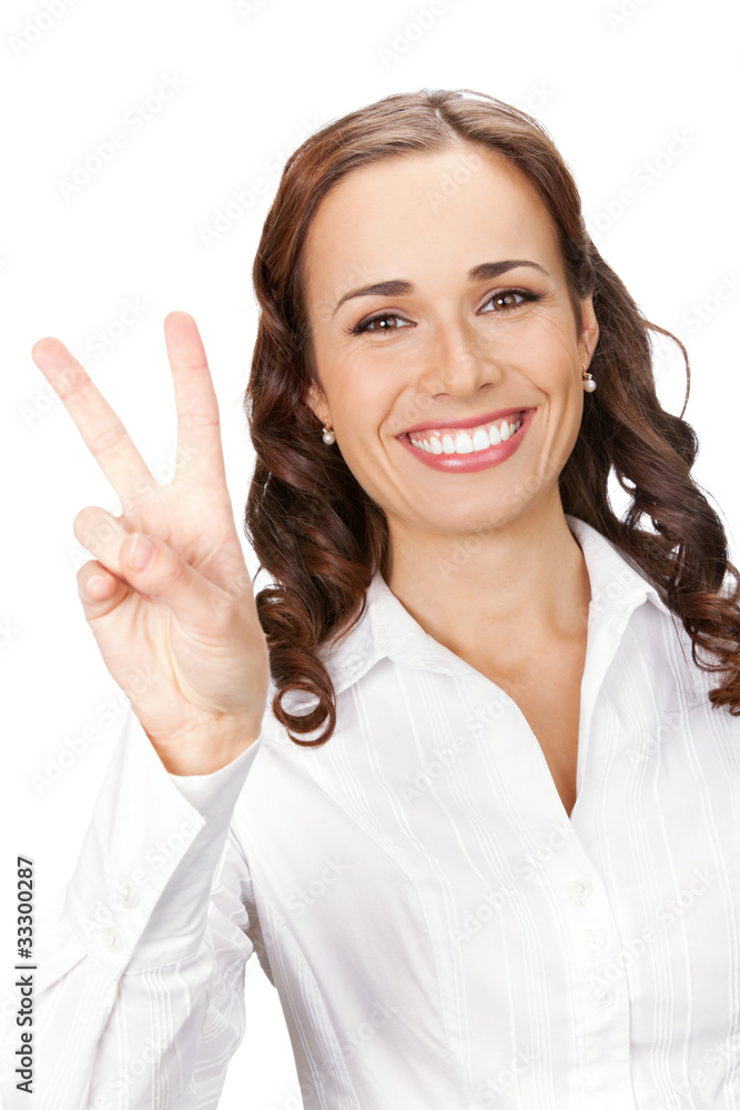 Happy business woman showing two fingers, isolated on white Happy business woman showing two fingers, isolated on white