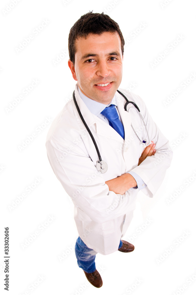 Top view of a Smiling medical doctor. Isolated over white backgr Top view of a Smiling medical doctor. Isolated over white backgr