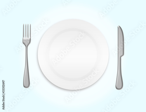 dinner plate, knife and fork