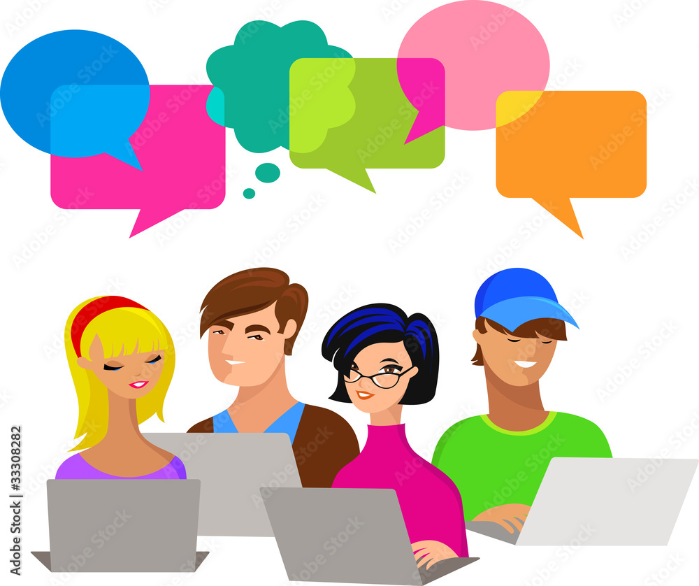 young people with speech bubbles and computers young people with speech bubbles and computers