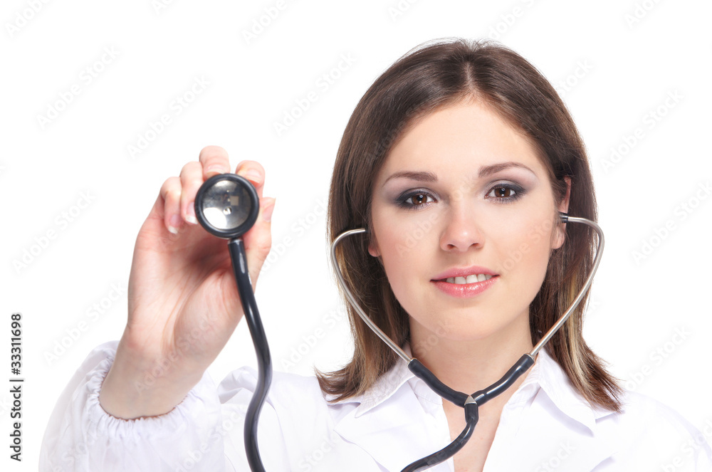 Portrait of a female doctor in white clothes with a stethoscope Portrait of a female doctor in white clothes with a stethoscope