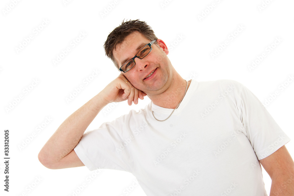 isolated man in white t-shirt is leaning isolated man in white t-shirt is leaning