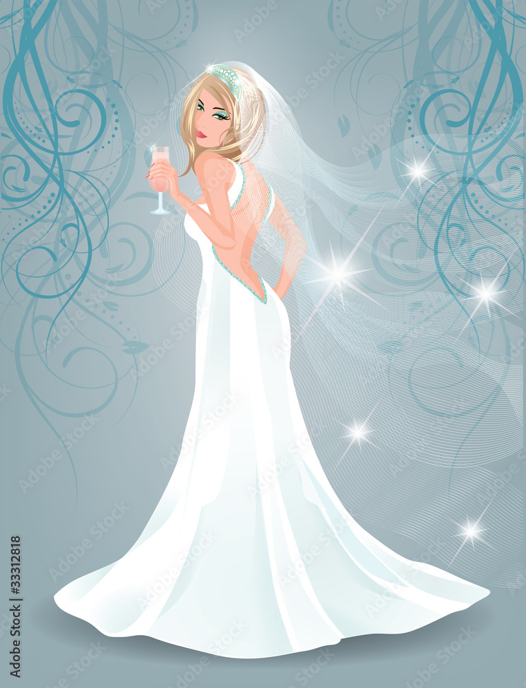 Beautiful bride with champagne, vector illustration Beautiful bride with champagne, vector illustration