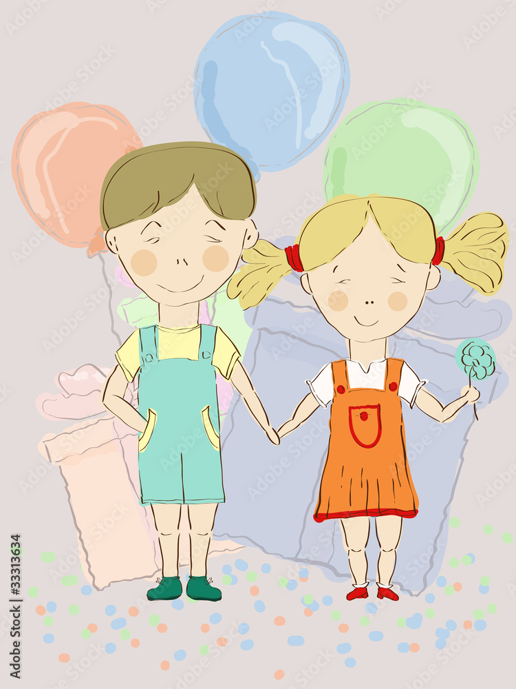 vector boy and girl holding hands with balloons and presents at vector boy and girl holding hands with balloons and presents at