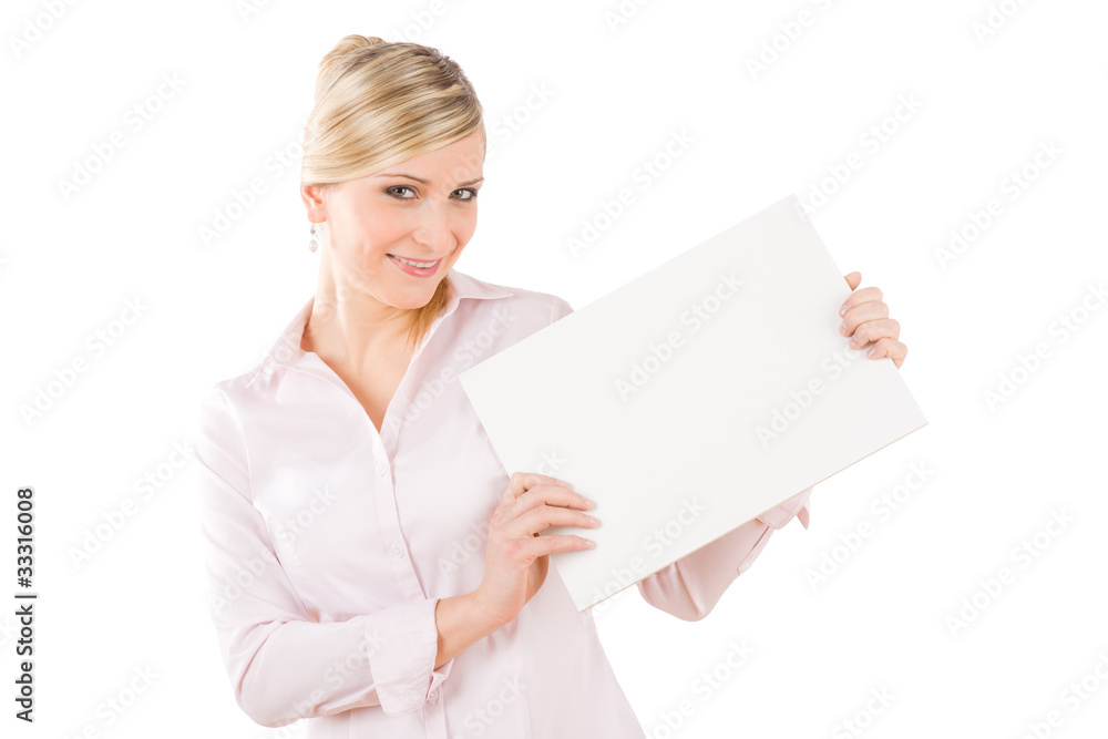 Happy businesswoman hold aside empty white banner Happy businesswoman hold aside empty white banner