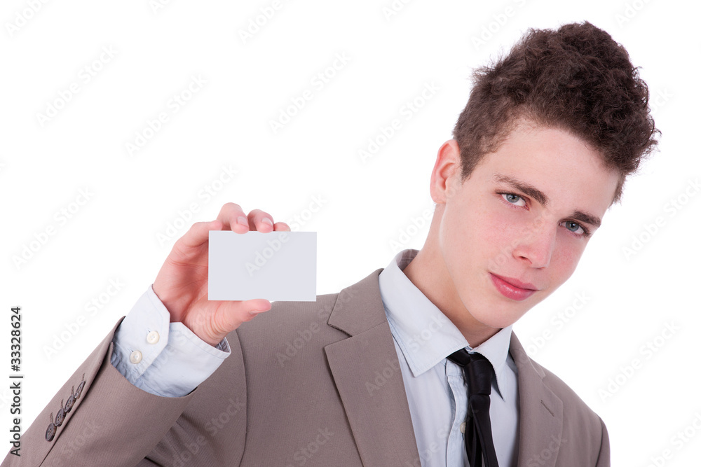 Young man with a blank business card in hand Young man with a blank business card in hand