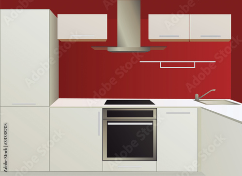 white and red kitchen with household appliances, vector