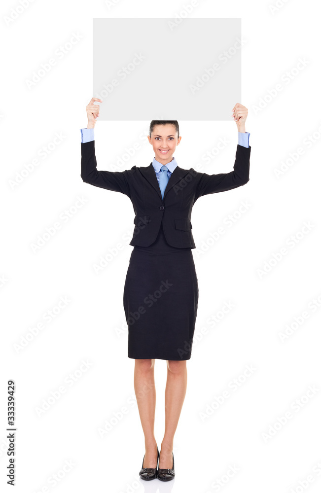 businesswoman with blank billboard over her head businesswoman with blank billboard over her head