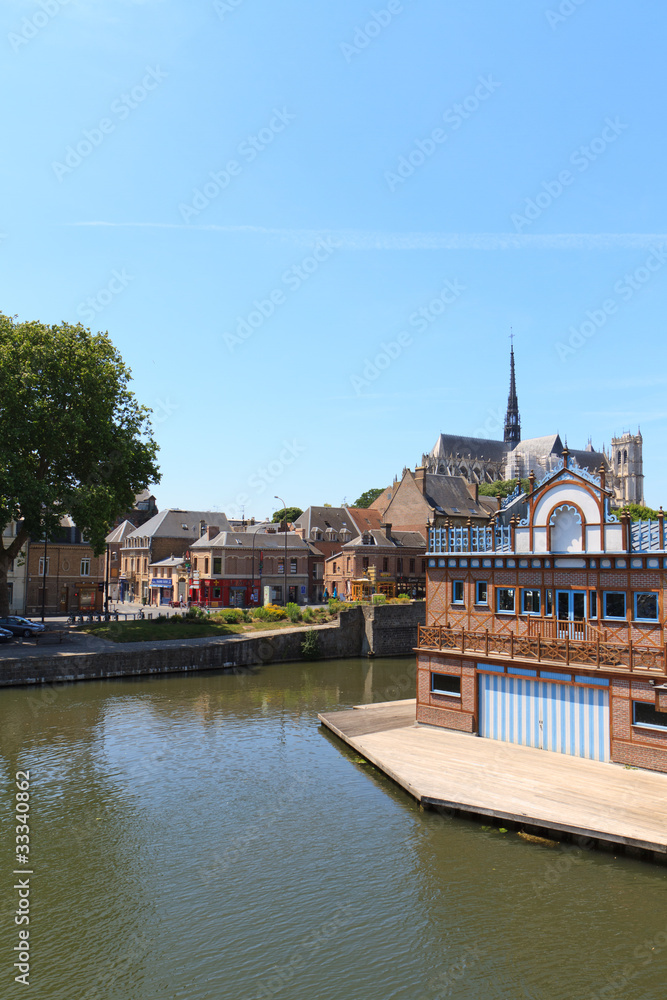 Fototapeta premium Boat house in the center of Amiens, France. On the shore of the
