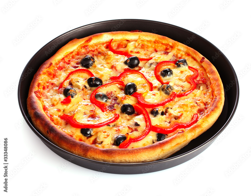 pizza in pan isolated on white