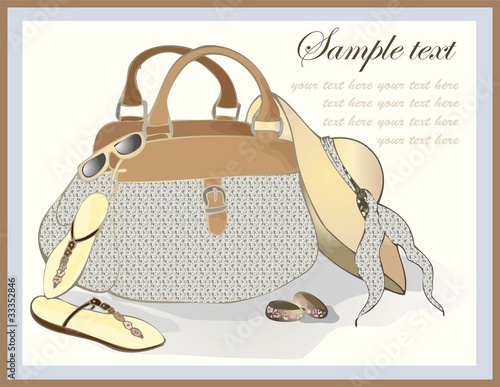 Greeting card with a beach bag, a hat, footwear, points.