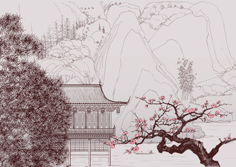 Poster Art Studio Chinesische Berglandschaft im Nebel  © Isaxar