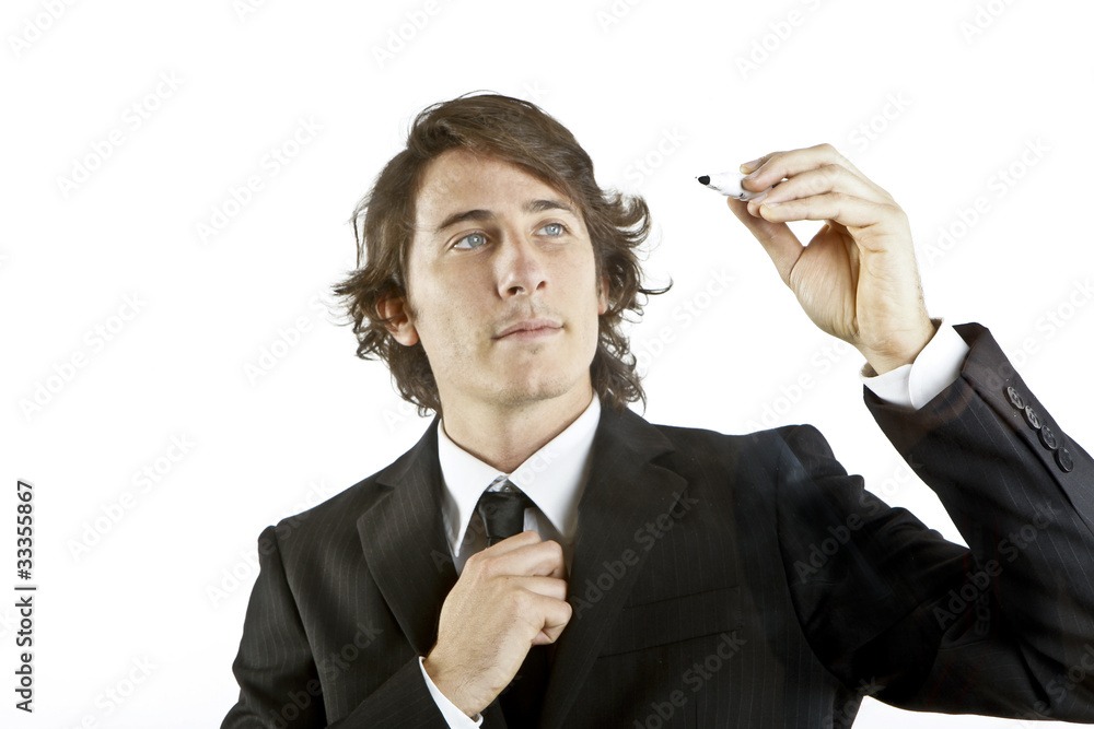 isolated businessman drawing in a transparent glass isolated businessman drawing in a transparent glass