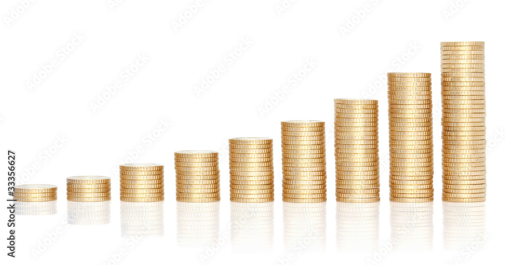 Stacks of golden coins in growing chart. Stacks of golden coins in growing chart.