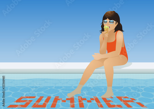 Girl in swimsuit eating ice cream at the poolside