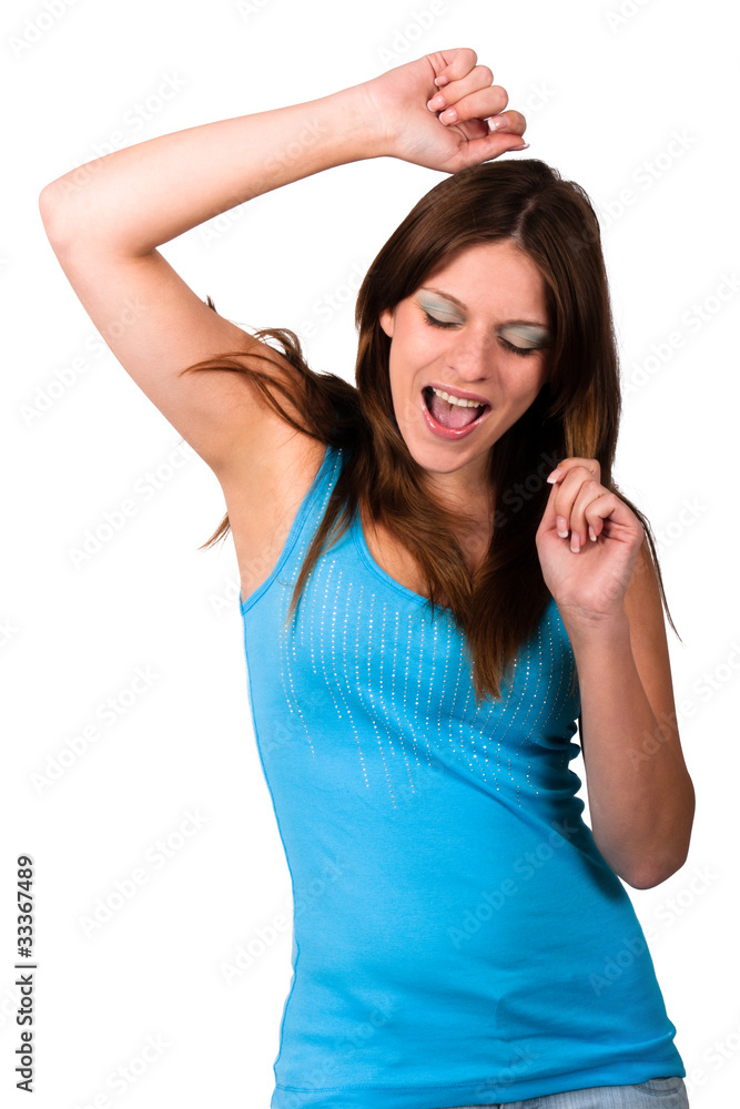 Fototapeta premium beautiful young woman dancing in a blue dress