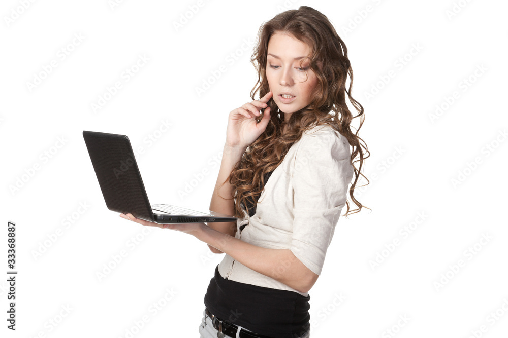 Young pensive female holding laptop isolated on white background Young pensive female holding laptop isolated on white background