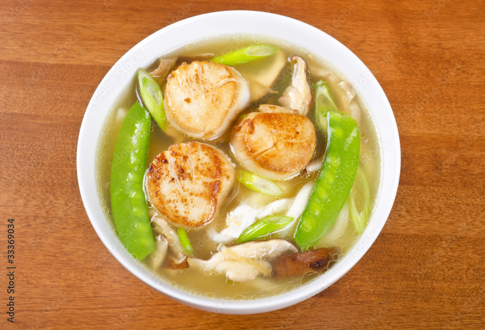 Bowl of Noodle Soup with Pan Seared Scallops Bowl of Noodle Soup with Pan Seared Scallops
