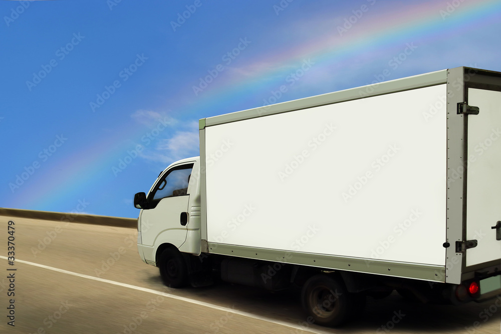 Fast delivering van on rainbow highway. Fast delivering van on rainbow highway.