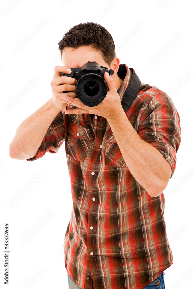 Young photographer with camera, isolated on white Young photographer with camera, isolated on white