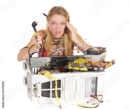 Wallpaper Mural upset woman repairing computer Torontodigital.ca