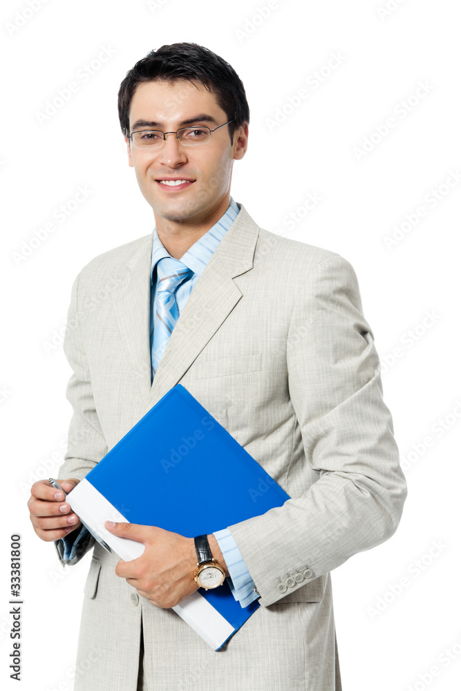 Smiling happy young business man with blue folder, isolated Smiling happy young business man with blue folder, isolated