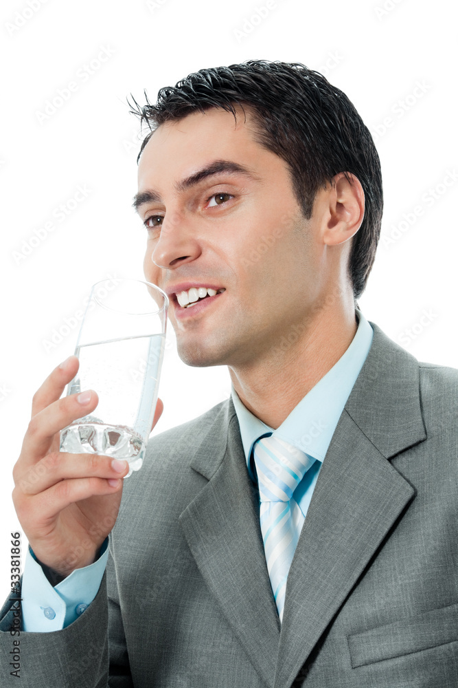 Portrait of smiling business man with glass of water, isolated Portrait of smiling business man with glass of water, isolated