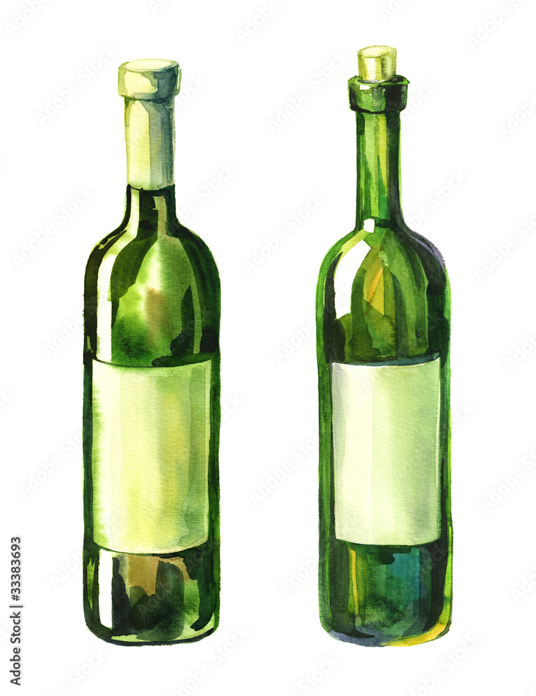 Watercolour illustration of 2 green wine bottle Watercolour illustration of 2 green wine bottle