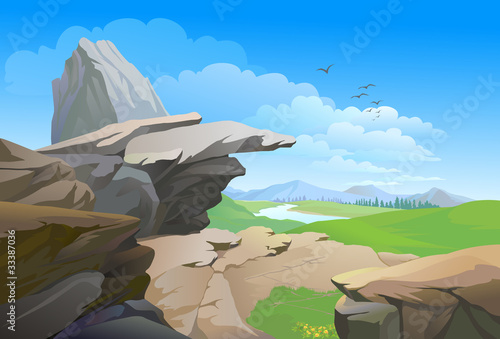 Country side Rocky Hills , River and Vast Blue Sky