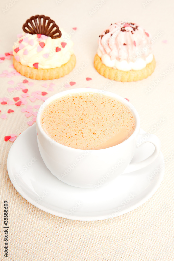cup coffee with cake on tablecloth cup coffee with cake on tablecloth