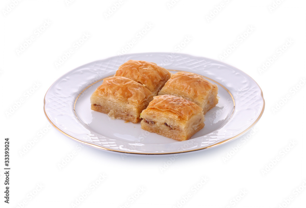 Turkish traditional dessert Baklava served in porcelain dish iso Turkish traditional dessert Baklava served in porcelain dish iso