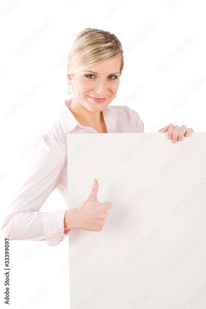 Happy businesswoman behind empty banner thumbs up Happy businesswoman behind empty banner thumbs up