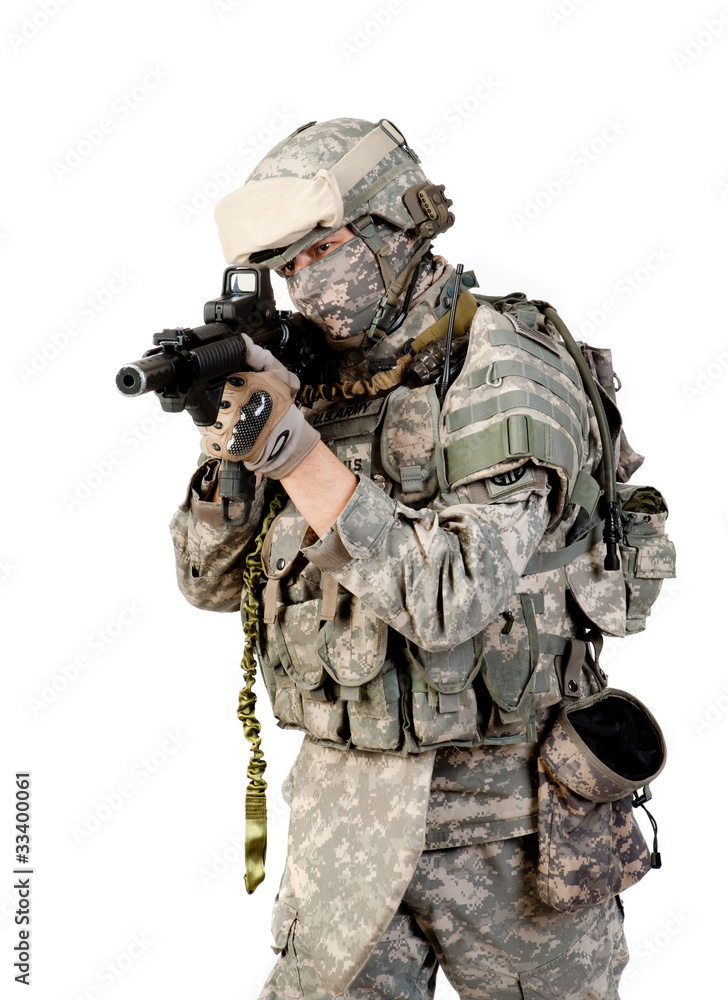  Soldier with a rifle on a white background