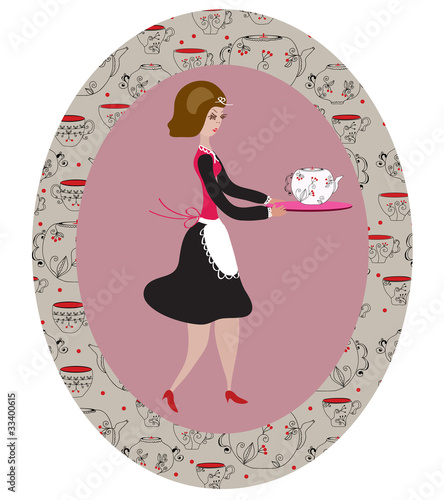 Retro waitress in the frame with pattern