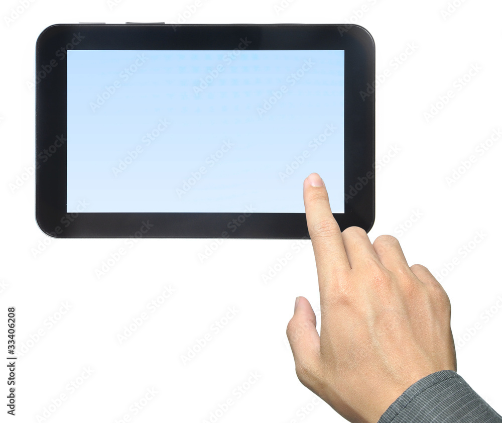hand pressing touch pad PC isolated on white background hand pressing touch pad PC isolated on white background