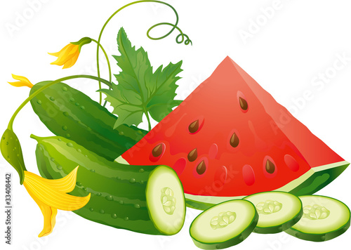 Cucumber slices and juicy watermelon