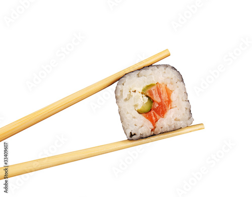 Piece of sushi on sticks, isolated on white background
