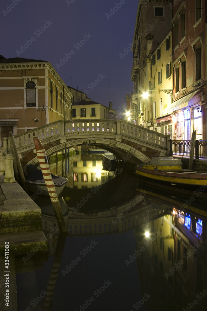 Old Rainy Venice Street and Channels at night