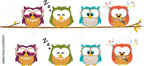 Different cartoon owls standing on a branch