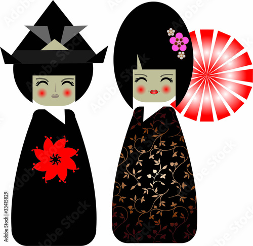Geisha and Samurai traditional couple of Kokeshi-dolls