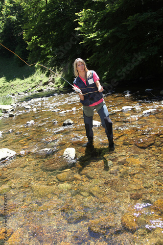 Woman with flyfishing rod in river
