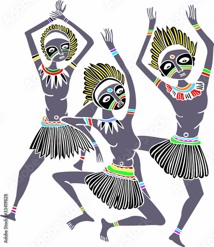 Dancing wild African native people with traditional dress.