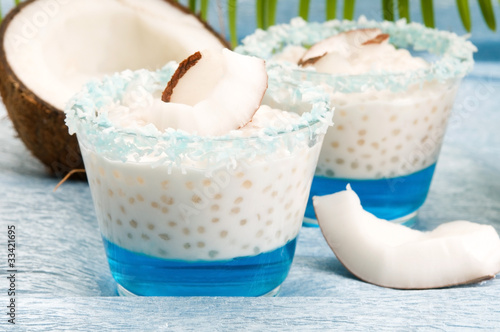 Coconut pudding with tapioca pearls and litchi jelly photo