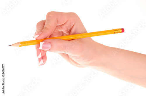 woman's hand and pencil isolated on white