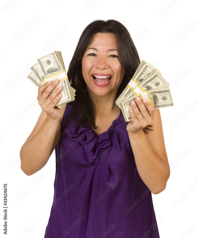 Excited Multiethnic Woman Holding Hundreds of Dollars Excited Multiethnic Woman Holding Hundreds of Dollars