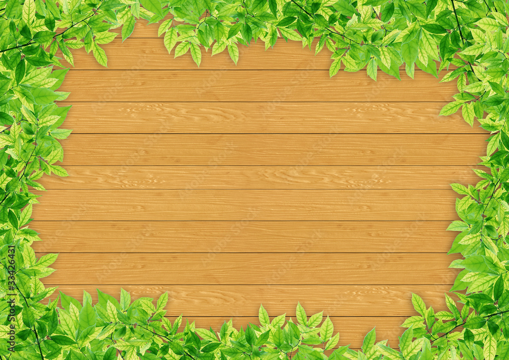 Green leaf border on wood background template Stock Photo | Adobe Stock