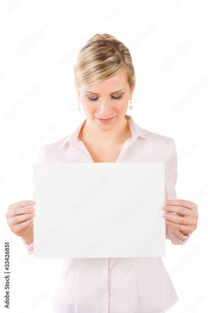 Businesswoman hold empty banner in front Businesswoman hold empty banner in front