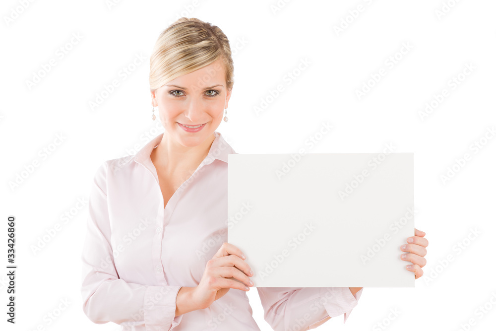 Happy businesswoman hold aside empty white banner Happy businesswoman hold aside empty white banner