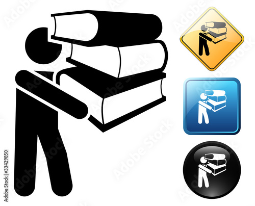 Man carrying a stack of books pictogram and signs